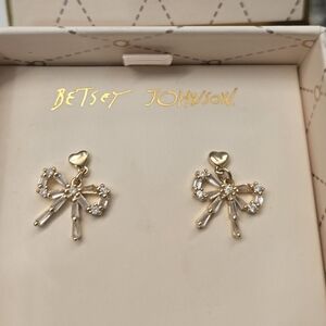 Betsy Johnson Earrings Gold Bow w/ Crystals Demure Coquette Aesthetic Pierced
